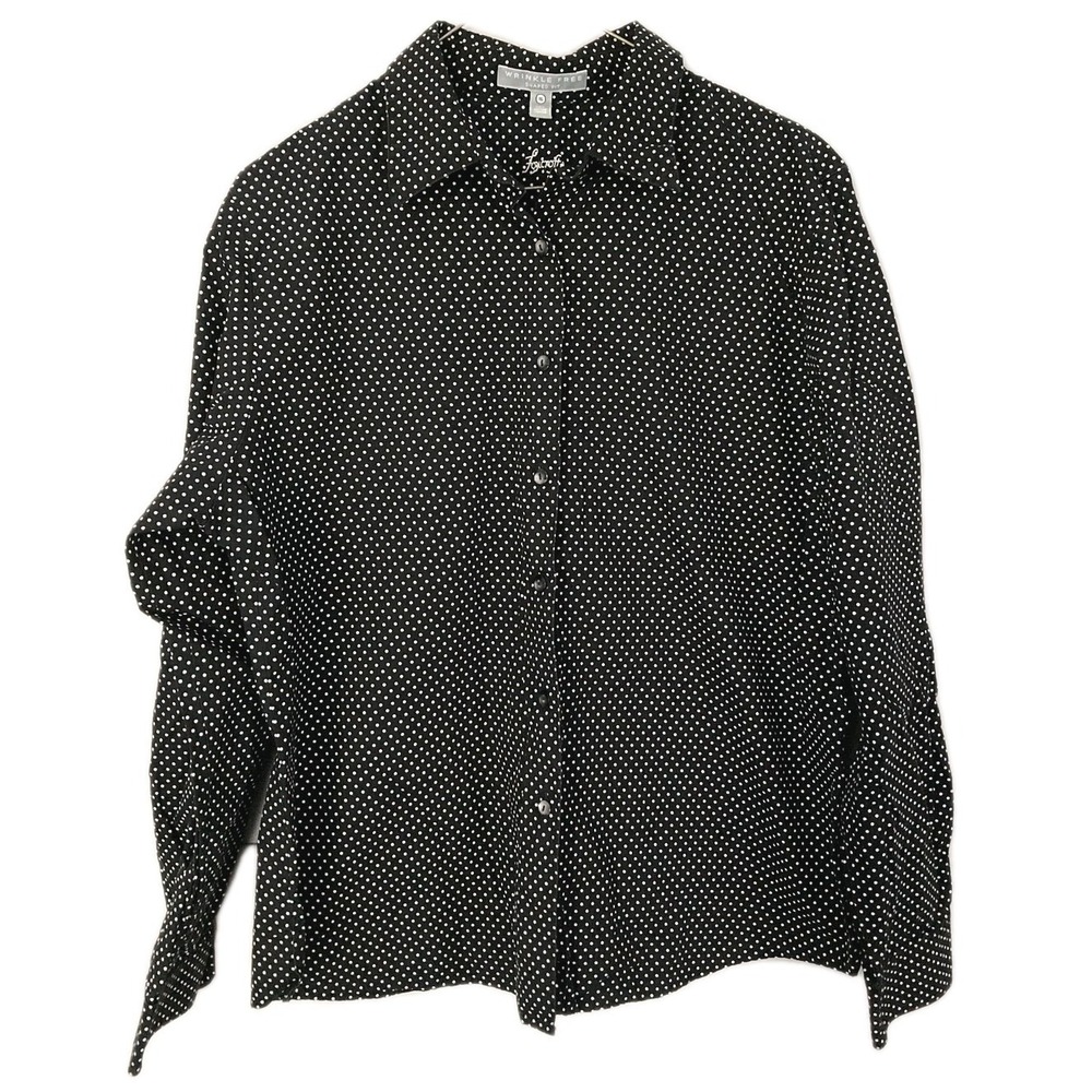 Foxcroft Shirt Women 16 Black Polka Dot Wrinkle Free Button Up Long Sleeve EUC